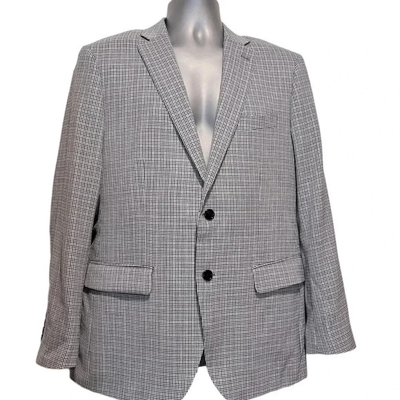 Indochino Linen Wool 42R Houndstooth Gray Blue Mens Blazer Sport Coat Jacket - Picture 1 of 16